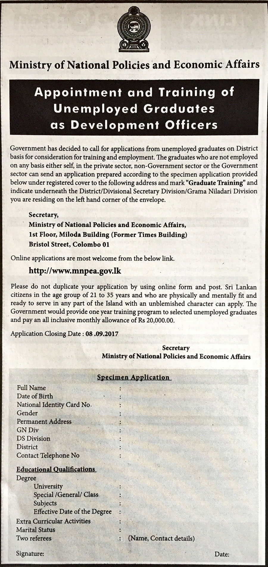 Appointment & Training of Unemployed Graduates as Development Officers - Ministry of National Policies & Economic Affairs